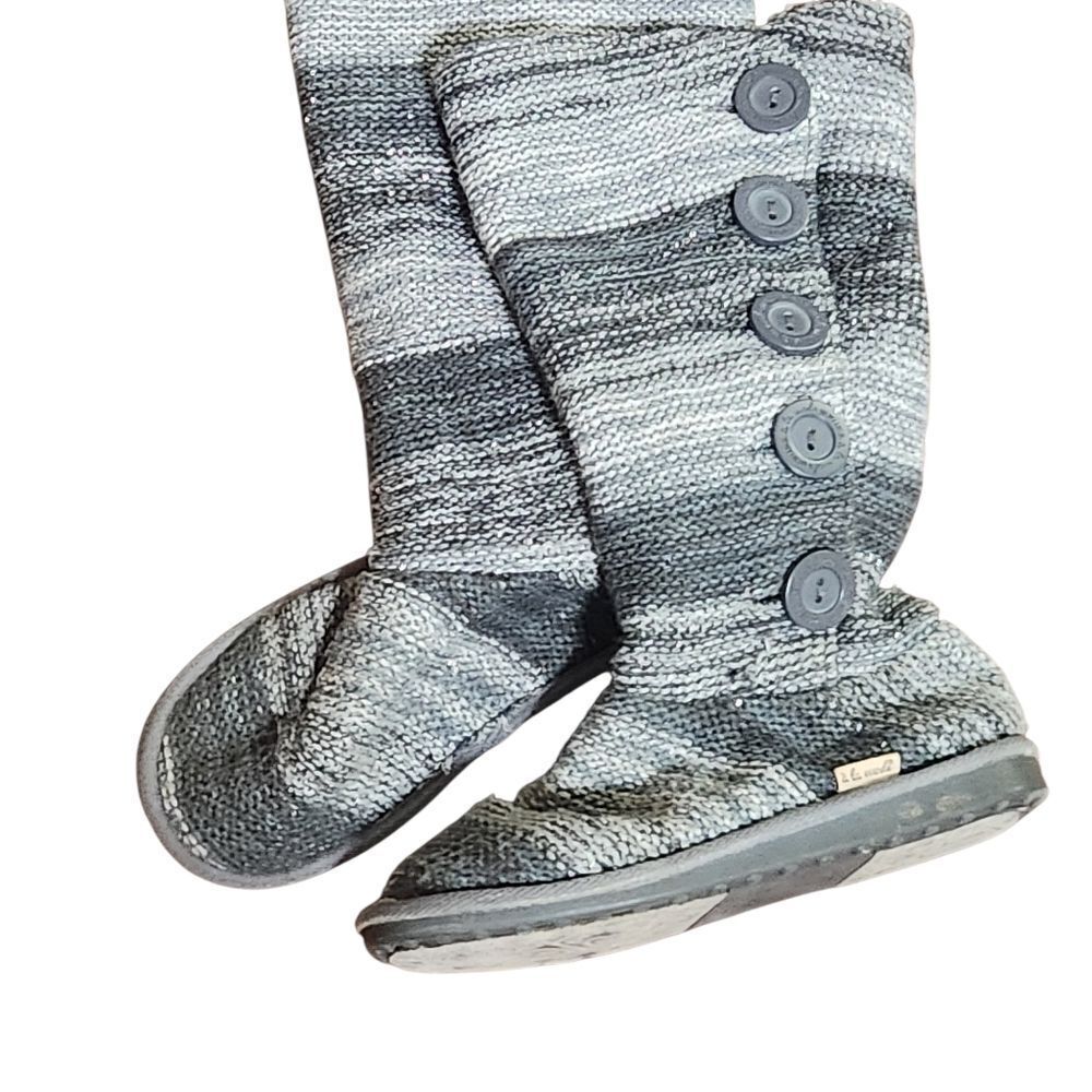Muk Luk Slipper Boots Womens Size 7 Gray Knit Mid Calf A La Mode Stripe